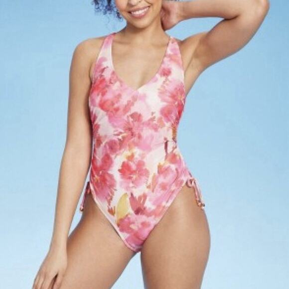 Women's Plunge Side Tie One Piece Swimsuit Shade & Shore Multi Floral Print XL - Picture 1 of 9